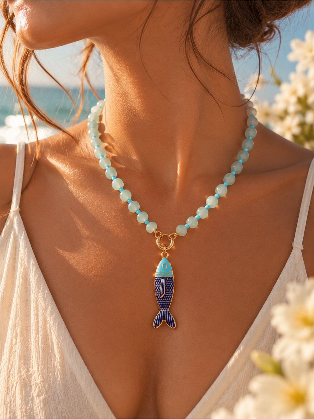 Blue Fish Charm Beaded Necklace trending